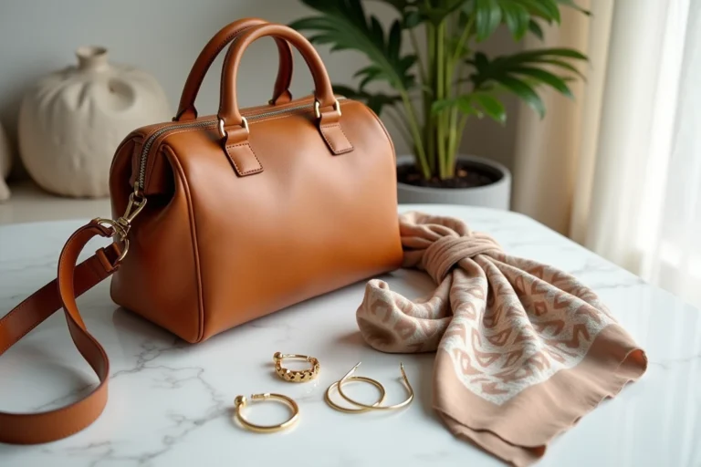 Plat posé d'accessoires de mode tendance saison — sac en cuir camel, foulard en soie, boucles d'oreilles dorées et montre minimaliste sur marbre blanc