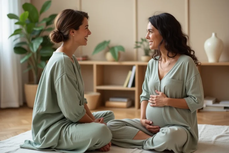 Une doula accompagne une femme enceinte dans un studio de bien-être chaleureux, illustrant la relation de soutien au cœur de la formation doula en France