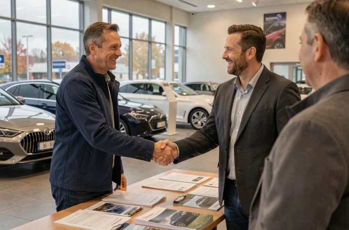 Un homme et un vendeur automobile concluent un accord dans une concession automobile, symbolisant le bon moment pour acheter une voiture