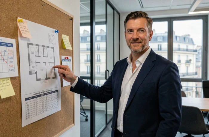 Agent immobilier lyonnais présentant les prix du marché et les plans d'un appartement dans son agence