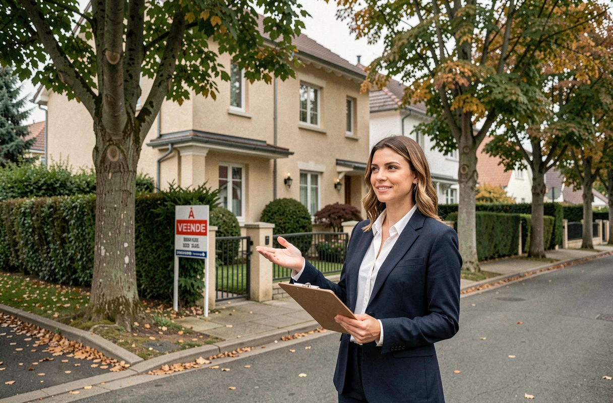 Une agente immobilière professionnelle présente une maison à vendre devant une propriété résidentielle en banlieue