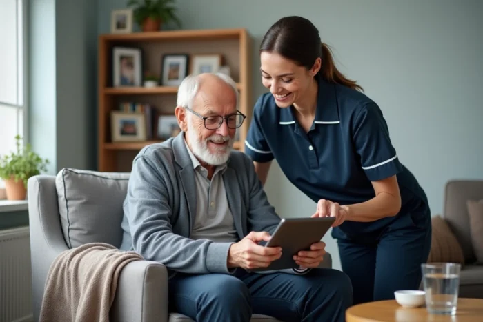Une aide à domicile ADMR présente des informations tarifaires sur une tablette à un bénéficiaire âgé, symbolisant l'accompagnement et les nouvelles primes en 2026