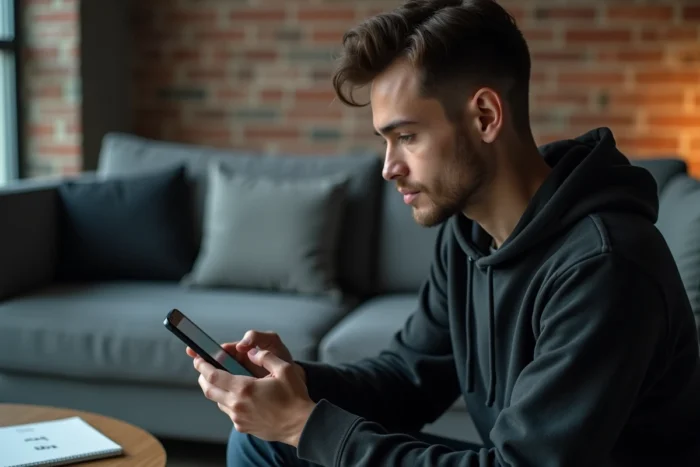 Jeune homme ajoutant un bénéficiaire sur l'application mobile Société Générale depuis son appartement