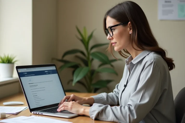 Femme ajoutant un bénéficiaire sur son espace bancaire Société Générale depuis son bureau à domicile