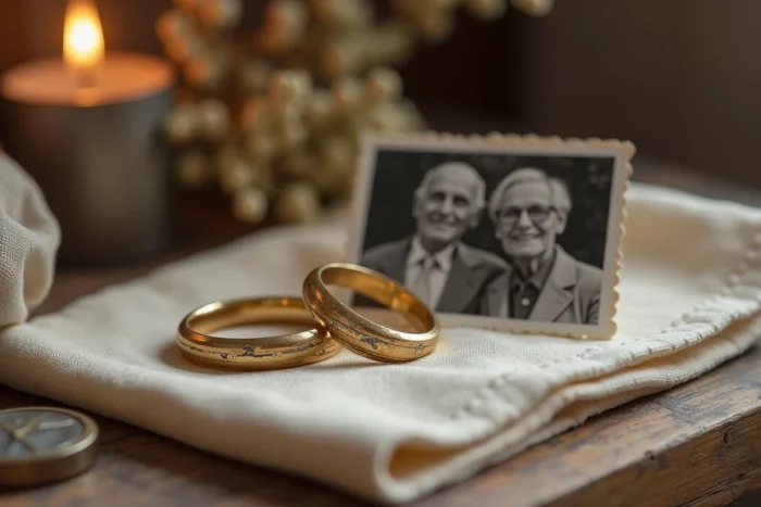 Alliances en or de parents décédés posées sur un tissu avec une photo de couple, symbole de mémoire et de transmission familiale