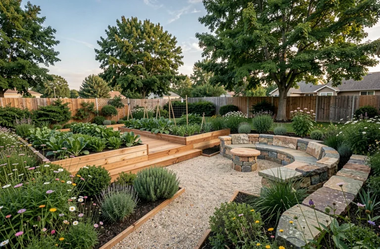 Vue d'ensemble d'un jardin extérieur aménagé avec terrasse en bois, potager surélevé, allées en gravier et coin détente en pierre naturelle
