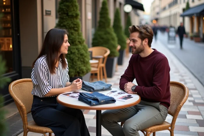 Deux amis stylés discutent de tendances vestimentaires à la terrasse d'un café parisien