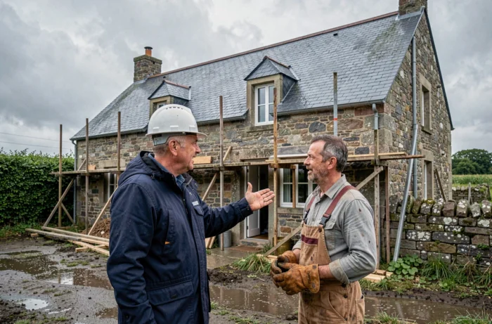 Architecte et entrepreneur discutant devant une longère bretonne en chantier sous un ciel nuageux