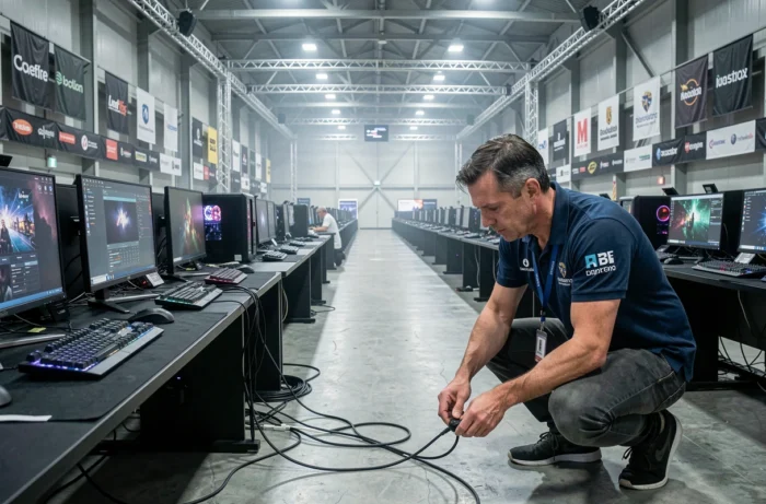 Technicien professionnel préparant les stations de jeu dans une grande arène d'esport lors d'un événement compétitif