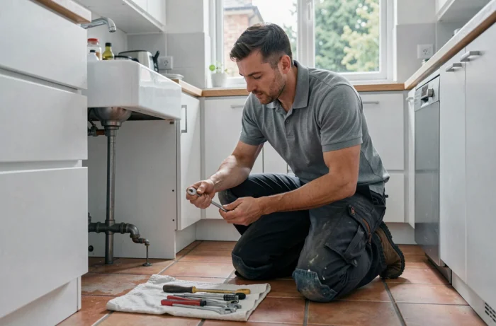 Artisan à domicile réparant la plomberie d'une cuisine moderne dans un pavillon