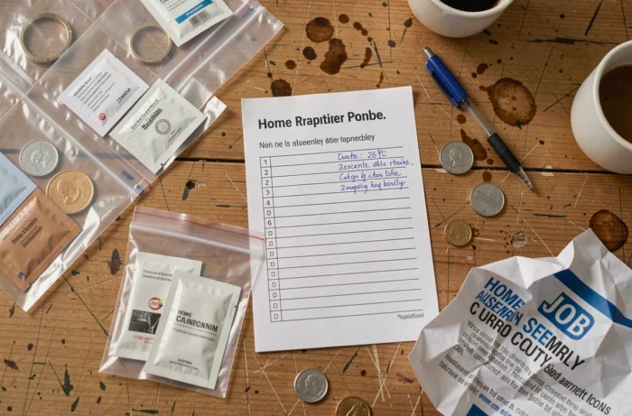 Vue aérienne d'une table avec des kits d'échantillons, checklist et faible rémunération illustrant le travail d'assemblage à domicile