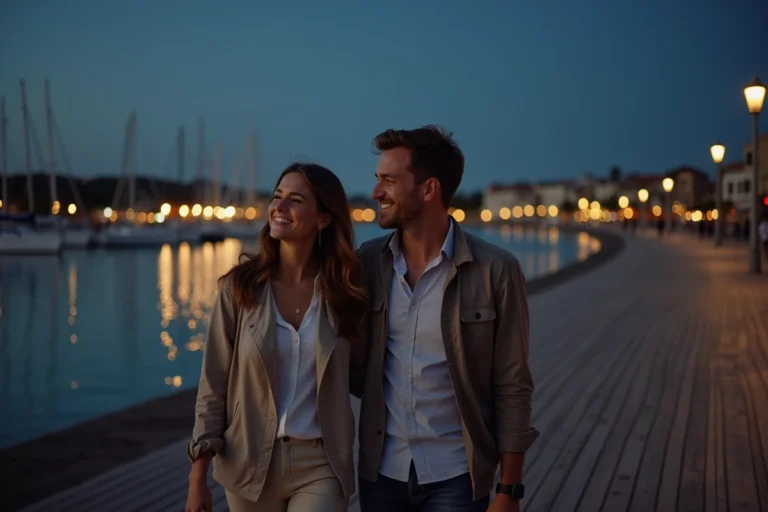 Couple se promenant sur le front de mer d'Arcachon la nuit avec des reflets de lumières sur la baie