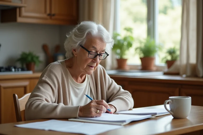 Une femme âgée examine des documents liés à l'aide à domicile ADMR à sa table de cuisine, illustrant les évolutions budgétaires pour les bénéficiaires en 2026