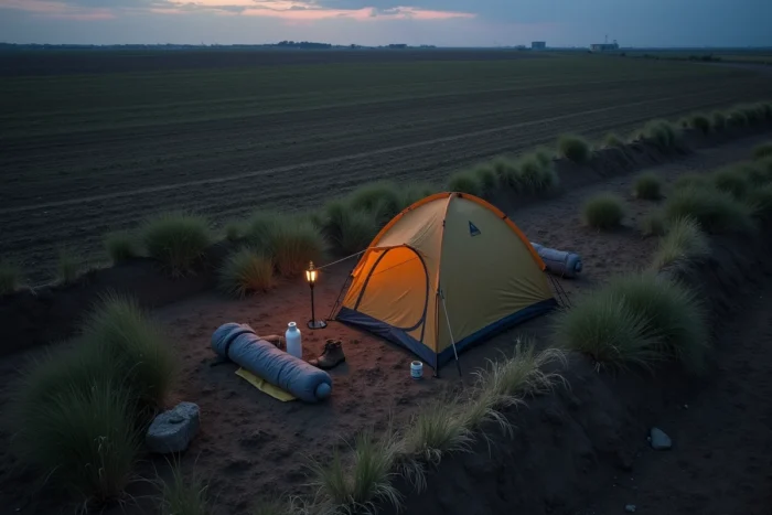 Vue aérienne d'un bivouac minimaliste installé sur une parcelle de terrain agricole au crépuscule