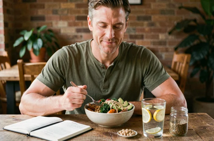Homme dégustant un Buddha bowl équilibré avec avocat, patate douce et pois chiches dans le cadre d'un régime minceur sain