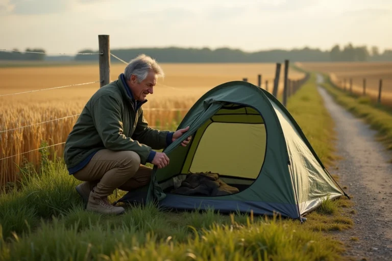 Homme montant une tente à la lisière d'un champ agricole en campagne française