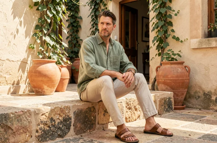 Homme portant une chemise guayabera en lin vert sauge originale dans une cour méditerranéenne ensoleillée
