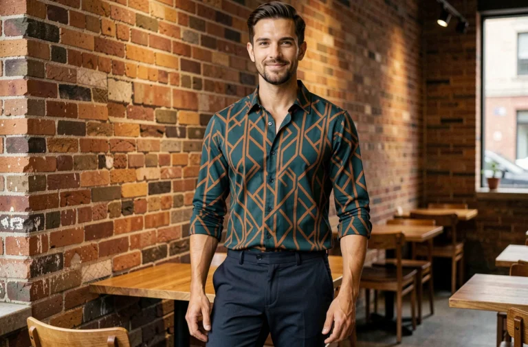 Homme en chemise à imprimé géométrique originale dans un café urbain au style industriel