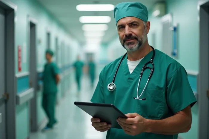 Chirurgien en blouse médicale dans un couloir d'hôpital tenant une tablette numérique, représentant les professions de santé à hauts revenus en France
