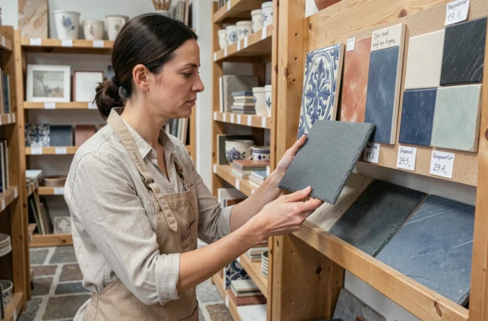 Femme choisissant des carreaux en céramique bretonne dans un showroom de matériaux locaux