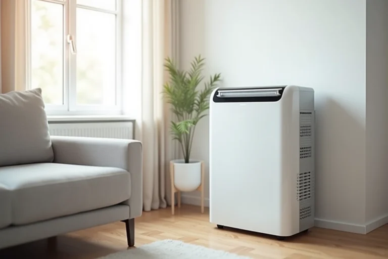 Climatiseur mobile blanc positionné dans un salon moderne avec parquet clair et canapé gris, tuyau d'évacuation dirigé vers la fenêtre