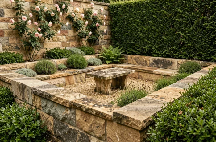 Coin détente en pierre calcaire naturelle avec banc en muret, table en pierre et plantes entre les joints
