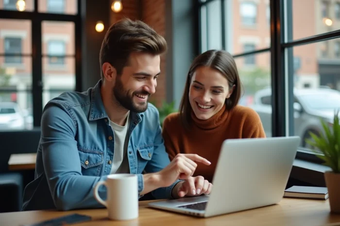 Deux jeunes professionnels collaborant sur un laptop dans un café co-working moderne autour des nouvelles tendances informatiques