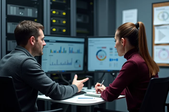 Deux collègues analysant les données financières et les stocks sur le logiciel ERP Dynamics NAV