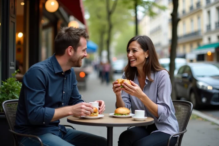 Deux collègues déjeunant en terrasse pendant leur pause méridienne au travail