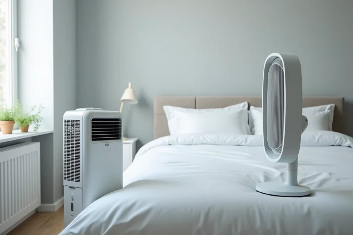 Comparatif entre un climatiseur mobile et un ventilateur tour placés côte à côte dans une chambre à coucher minimaliste avec literie blanche