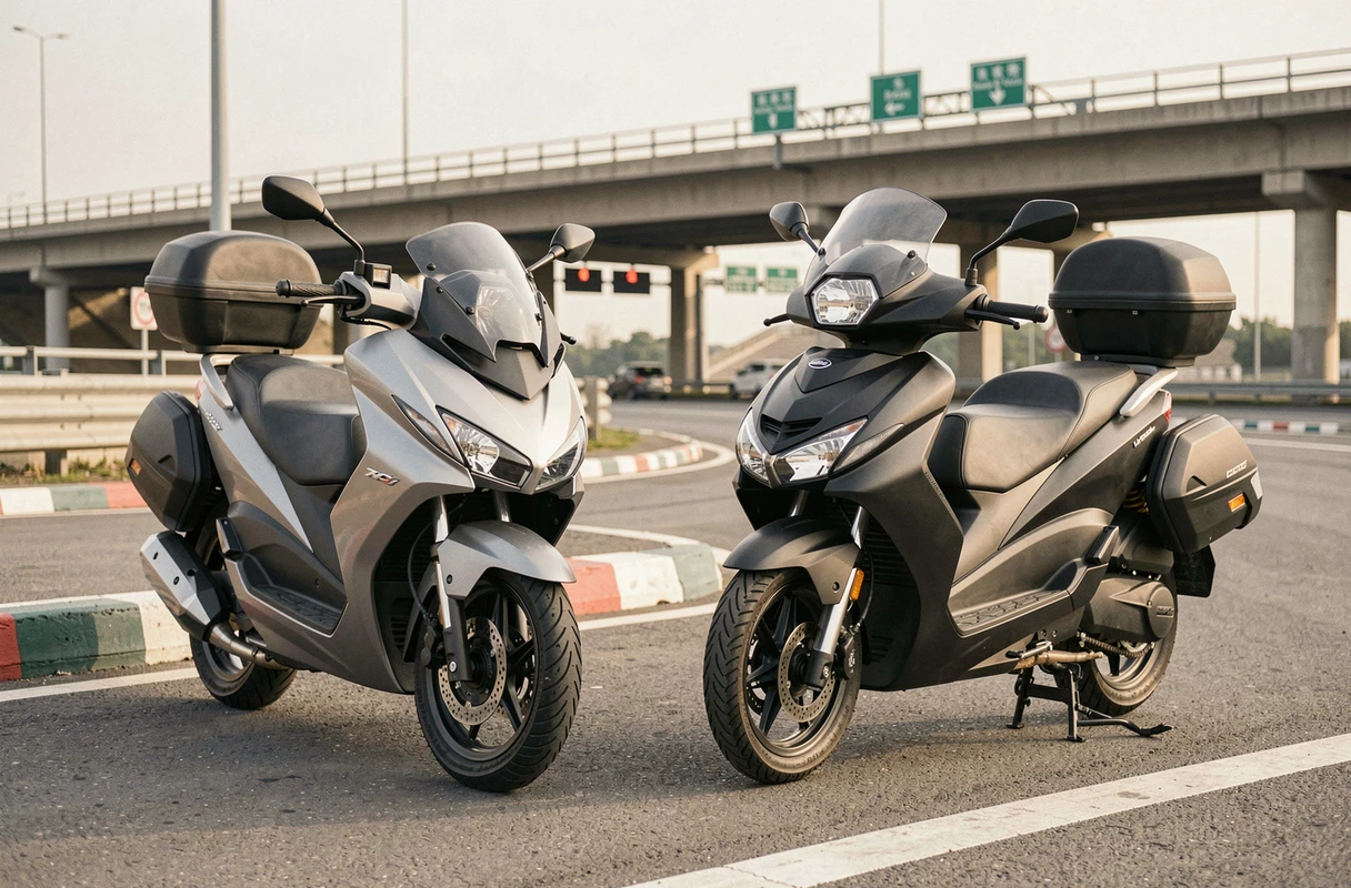 Comparaison de deux scooters 125cc équipés pour l'autoroute, garés côte à côte près d'un accès autoroutier