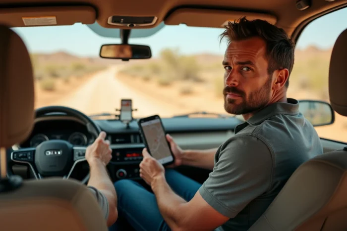 Conducteur consultant une carte GPS hors ligne sur smartphone dans un 4x4 en zone désertique