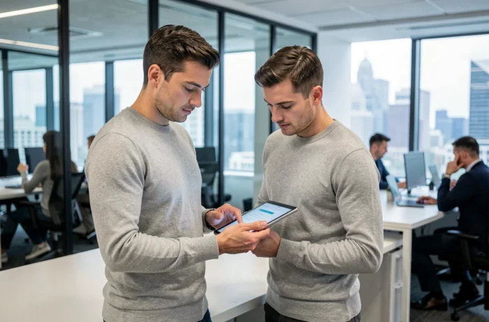 Homme d'affaires consultant une plateforme de gestion documentaire sécurisée sur tablette dans un bureau moderne