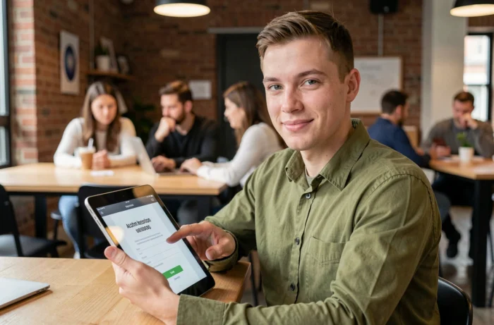 Jeune professionnel utilisant une tablette pour se connecter à son compte Arkevia dans un espace de coworking