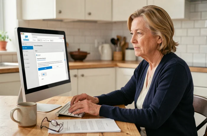 Femme senior se connectant à son espace personnel Arkevia pour gérer ses documents administratifs depuis chez elle
