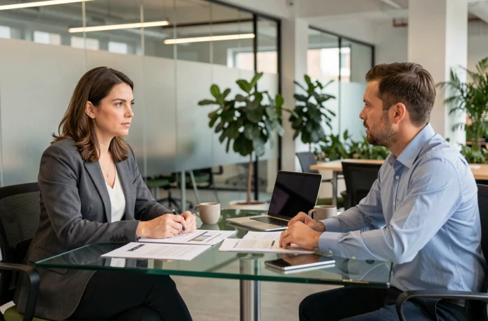 Femme consultant un conseiller juridique dans un espace de travail moderne, évoquant les aspects légaux et fiscaux de la vente de contenus personnels en France