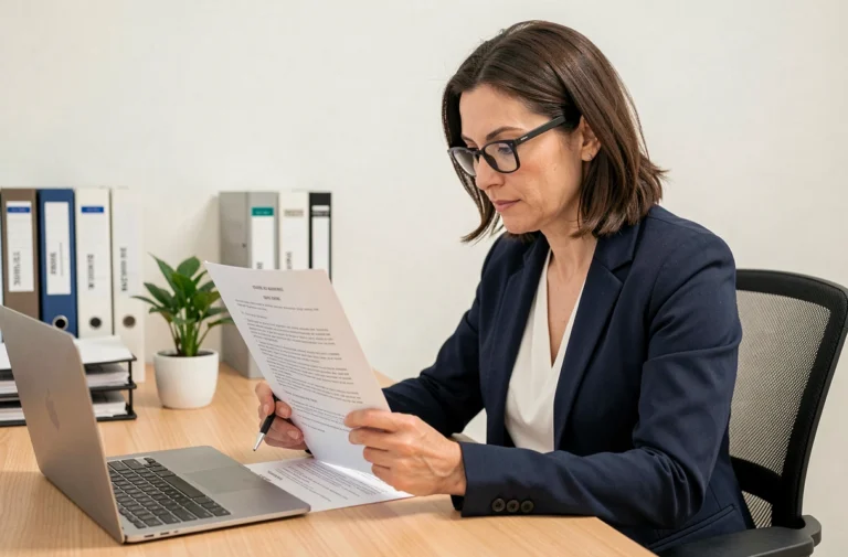 Femme professionnelle consultant les mentions légales d'un site web dans un bureau moderne