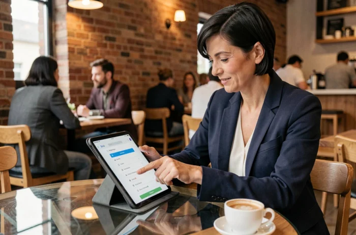 Femme consultant le plan du site d'un site automobile sur tablette dans un café moderne