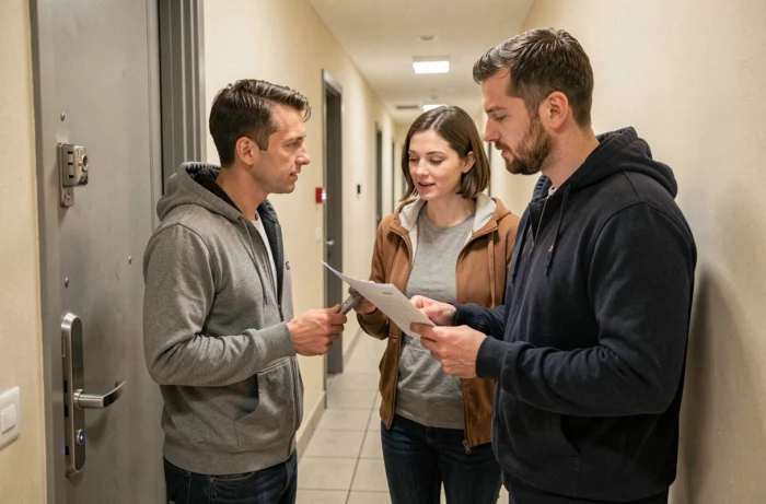 Couple de propriétaires consultant un serrurier professionnel devant leur porte d'appartement sécurisée