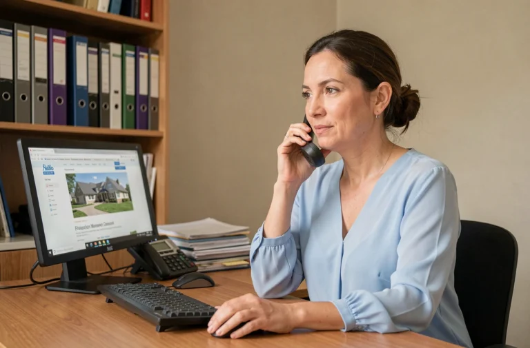 Femme contactant le service client CDC Habitat par téléphone depuis son bureau à domicile