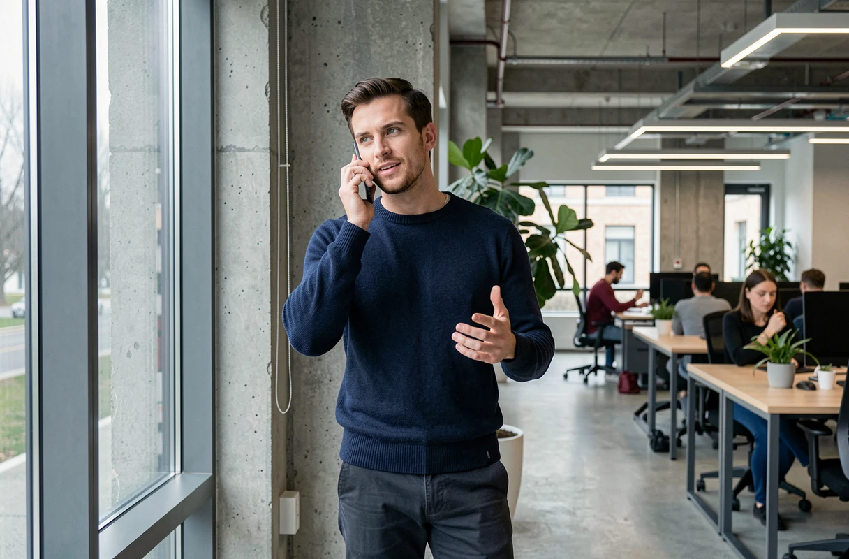 Homme en train de téléphoner pour contacter le service d'un site web dans un espace de coworking