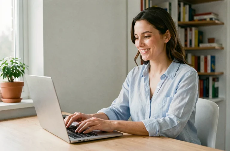 Femme souriante qui envoie un message de contact depuis son bureau à domicile
