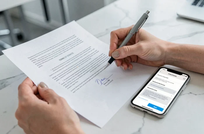 Mains féminines tenant un document légal et un stylo, illustrant les démarches juridiques encadrant la vente de photos de pieds en France