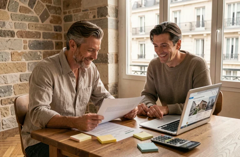 Couple estimant leur budget immobilier à Lyon en consultant des documents et annonces en ligne