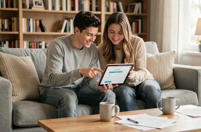 Couple consultant une demande de crédit sans justificatif sur une tablette dans leur salon