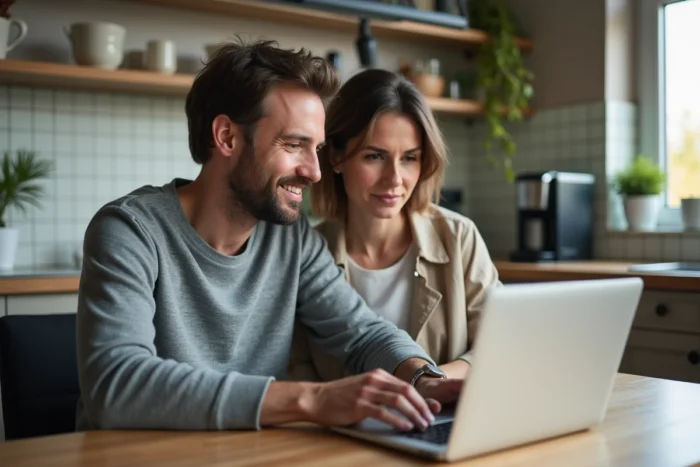 Couple consultant le portail Syplo pour une demande de logement social sur ordinateur portable