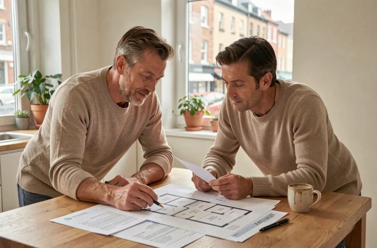 Un couple dans la quarantaine examine des plans et un contrat immobilier sur une table en bois dans un appartement moderne