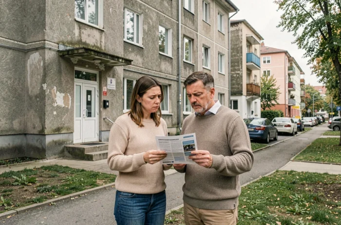 Couple examinant un prospectus devant un immeuble résidentiel, exprimant un doute face à une offre de logement