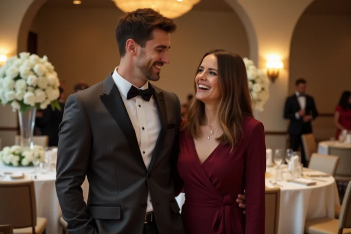 Couple élégant lors d'une réception mondaine, évoquant la vie sociale et le mariage sous les projecteurs de la célébrité