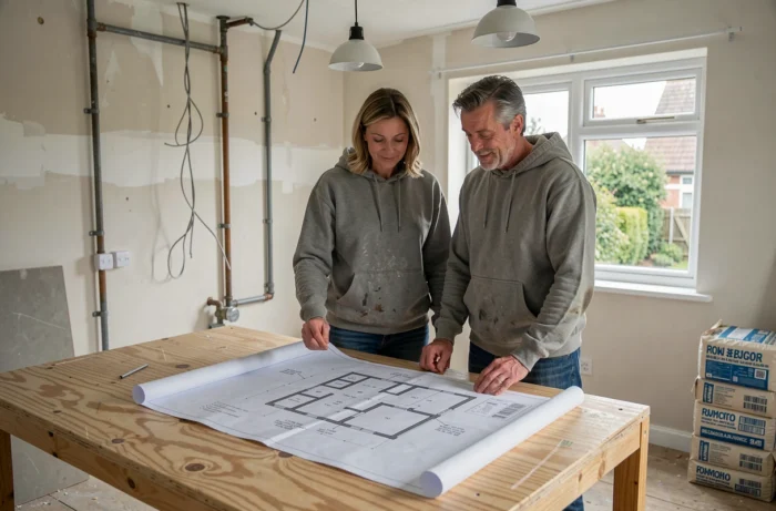 Couple examinant les plans d'architecture d'une cuisine en cours de rénovation complète